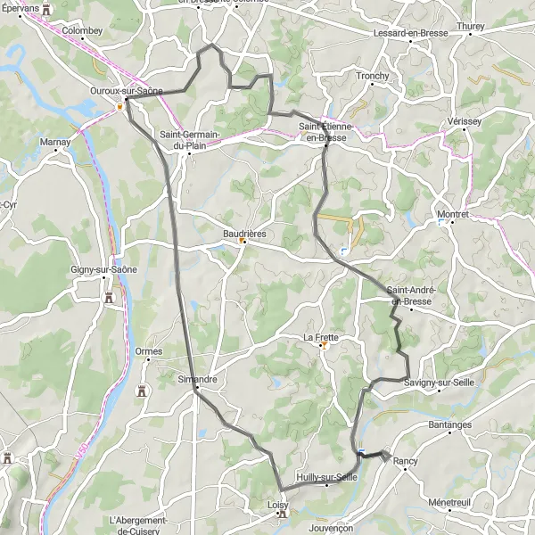 Map miniature of "Rolling Hills Ride" cycling inspiration in Bourgogne, France. Generated by Tarmacs.app cycling route planner