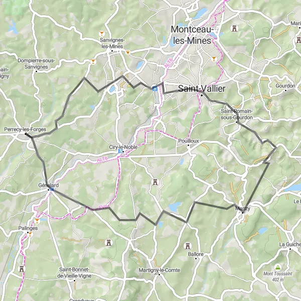 Miniature de la carte de l'inspiration cycliste "La Vallée de la Bourbince" dans la Bourgogne, France. Générée par le planificateur d'itinéraire cycliste Tarmacs.app