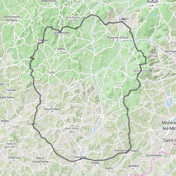 Miniature de la carte de l'inspiration cycliste "Les Montagnes du Morvan" dans la Bourgogne, France. Générée par le planificateur d'itinéraire cycliste Tarmacs.app