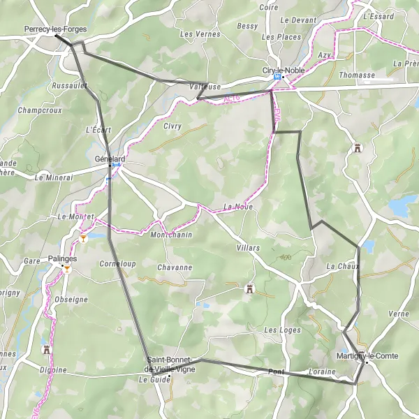 Map miniature of "Countryside Explorer" cycling inspiration in Bourgogne, France. Generated by Tarmacs.app cycling route planner