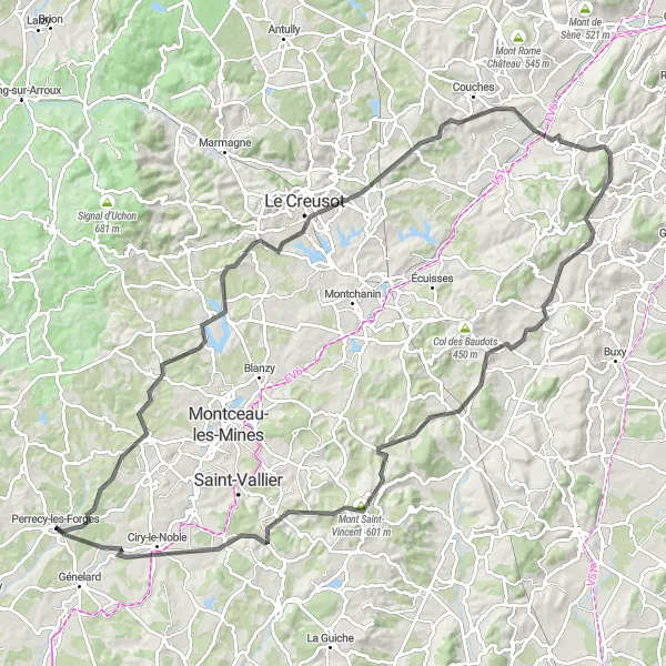 Map miniature of "Exploring Bourgogne's Hills" cycling inspiration in Bourgogne, France. Generated by Tarmacs.app cycling route planner