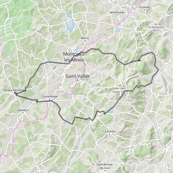 Map miniature of "Vineyard Discovery" cycling inspiration in Bourgogne, France. Generated by Tarmacs.app cycling route planner