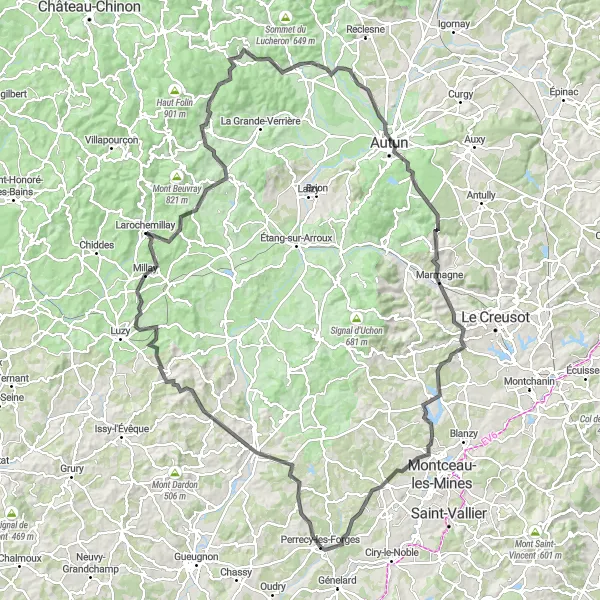Miniature de la carte de l'inspiration cycliste "Les Monts du Morvan et Autun" dans la Bourgogne, France. Générée par le planificateur d'itinéraire cycliste Tarmacs.app