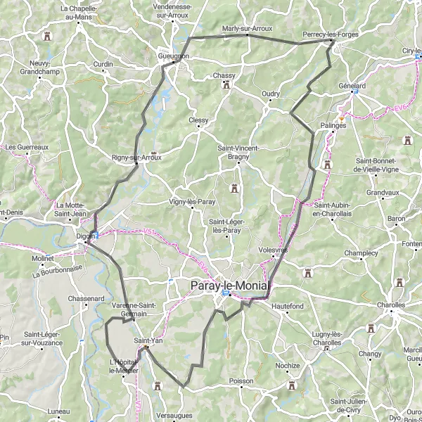 Miniature de la carte de l'inspiration cycliste "Les collines du Charolais" dans la Bourgogne, France. Générée par le planificateur d'itinéraire cycliste Tarmacs.app