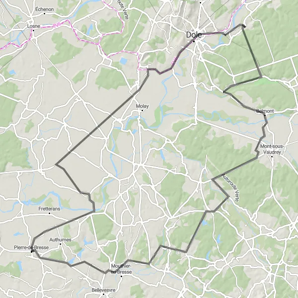 Miniature de la carte de l'inspiration cycliste "Exploration des villages de Bresse" dans la Bourgogne, France. Générée par le planificateur d'itinéraire cycliste Tarmacs.app