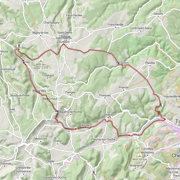Miniature de la carte de l'inspiration cycliste "Les trésors de l'Ouche" dans la Bourgogne, France. Générée par le planificateur d'itinéraire cycliste Tarmacs.app