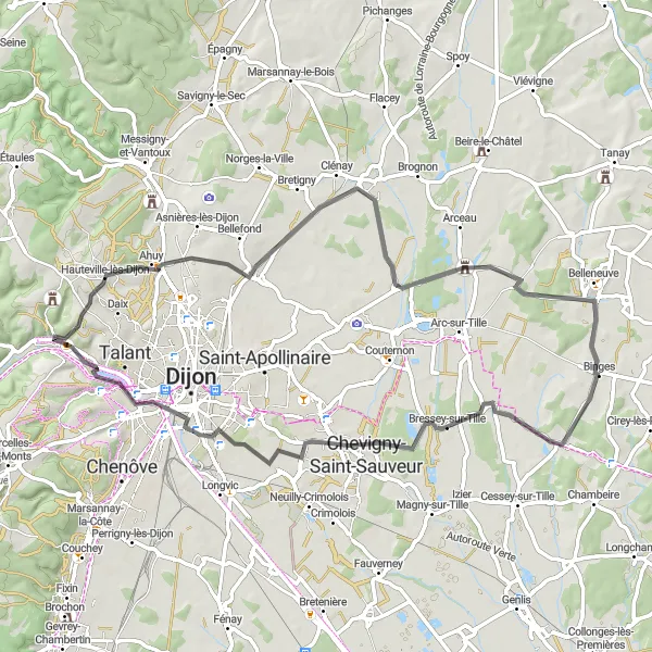 Miniature de la carte de l'inspiration cycliste "Boucle cycliste sur route à proximité de Dijon" dans la Bourgogne, France. Générée par le planificateur d'itinéraire cycliste Tarmacs.app