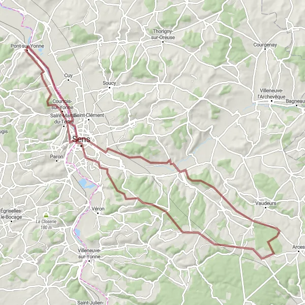 Miniature de la carte de l'inspiration cycliste "Exploration Gravel autour de Pont-sur-Yonne" dans la Bourgogne, France. Générée par le planificateur d'itinéraire cycliste Tarmacs.app