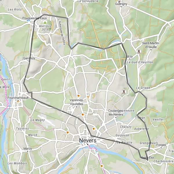 Miniature de la carte de l'inspiration cycliste "Tour de Urzy et Nevers" dans la Bourgogne, France. Générée par le planificateur d'itinéraire cycliste Tarmacs.app