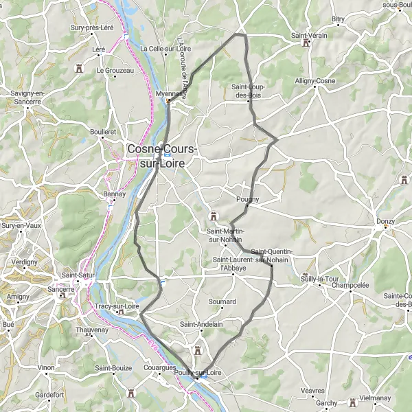 Map miniature of "Cosne-Cours-sur-Loire and Saint-Loup-des-Bois Route" cycling inspiration in Bourgogne, France. Generated by Tarmacs.app cycling route planner