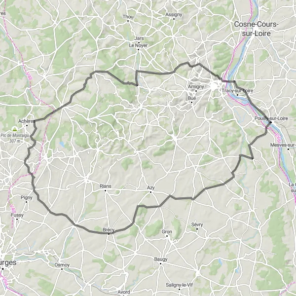 Map miniature of "The Château Trail" cycling inspiration in Bourgogne, France. Generated by Tarmacs.app cycling route planner