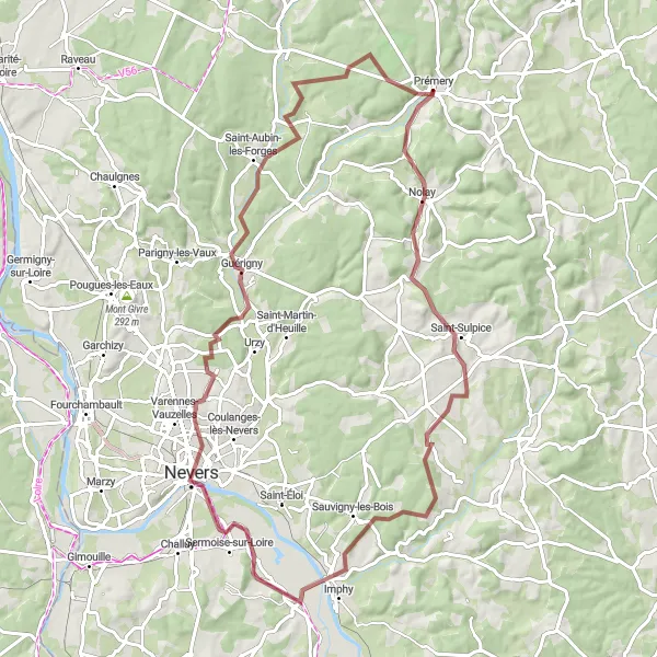 Miniature de la carte de l'inspiration cycliste "Boucle de Nolay et Nevers" dans la Bourgogne, France. Générée par le planificateur d'itinéraire cycliste Tarmacs.app