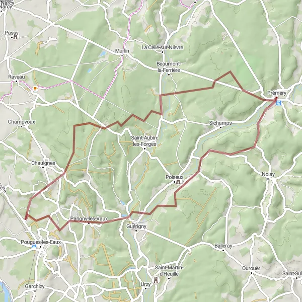 Miniature de la carte de l'inspiration cycliste "Les panoramas de Poiseux et Parigny-les-Vaux" dans la Bourgogne, France. Générée par le planificateur d'itinéraire cycliste Tarmacs.app