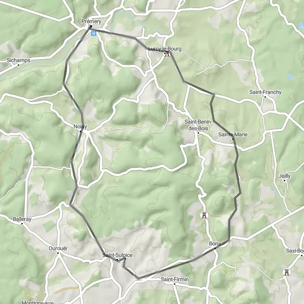 Miniature de la carte de l'inspiration cycliste "Boucle de Lurcy-le-Bourg et Saint-Sulpice" dans la Bourgogne, France. Générée par le planificateur d'itinéraire cycliste Tarmacs.app