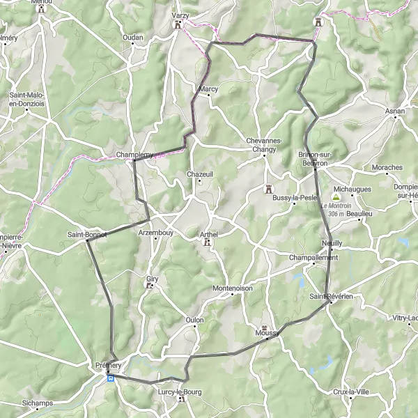 Miniature de la carte de l'inspiration cycliste "Les charmes de Champlemy et Lurcy-le-Bourg" dans la Bourgogne, France. Générée par le planificateur d'itinéraire cycliste Tarmacs.app