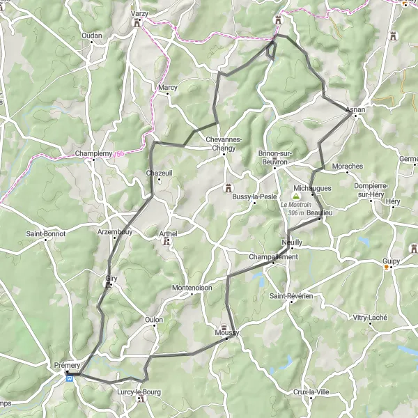 Miniature de la carte de l'inspiration cycliste "Tour de Champallement et Giry" dans la Bourgogne, France. Générée par le planificateur d'itinéraire cycliste Tarmacs.app