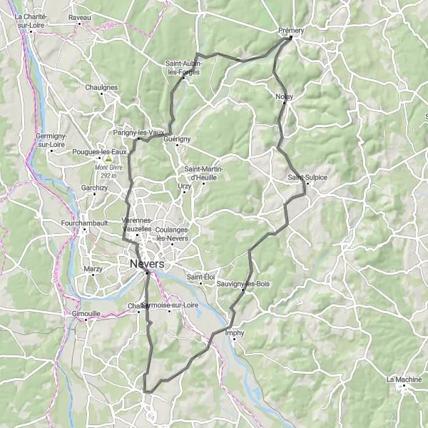 Miniature de la carte de l'inspiration cycliste "Parcours de Nolay à Sichamps" dans la Bourgogne, France. Générée par le planificateur d'itinéraire cycliste Tarmacs.app