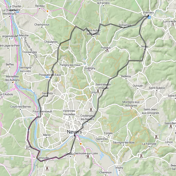 Miniature de la carte de l'inspiration cycliste "Le patrimoine de Nevers et Pougues-les-Eaux" dans la Bourgogne, France. Générée par le planificateur d'itinéraire cycliste Tarmacs.app