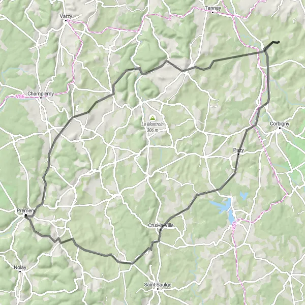 Miniature de la carte de l'inspiration cycliste "Circuit de Pazy et Saint-Franchy" dans la Bourgogne, France. Générée par le planificateur d'itinéraire cycliste Tarmacs.app
