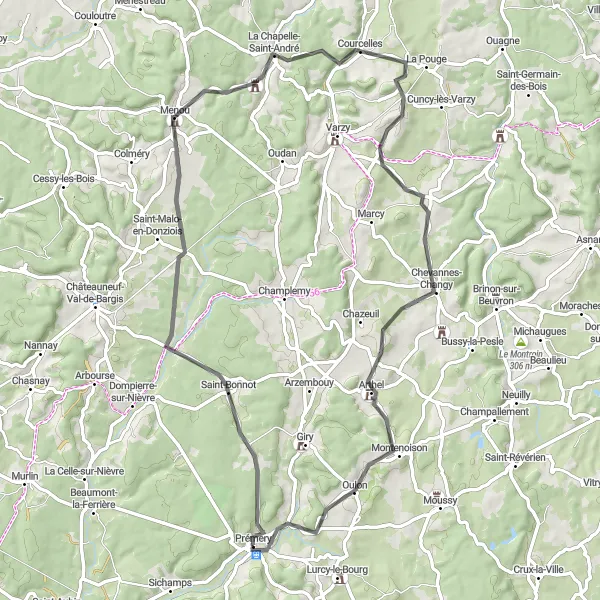 Miniature de la carte de l'inspiration cycliste "Boucle de la Butte de Montenoison" dans la Bourgogne, France. Générée par le planificateur d'itinéraire cycliste Tarmacs.app