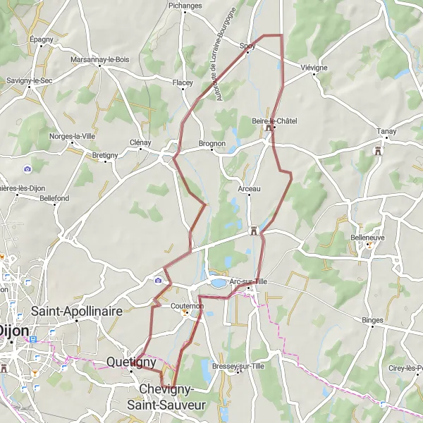 Miniature de la carte de l'inspiration cycliste "La Boucle des Collines" dans la Bourgogne, France. Générée par le planificateur d'itinéraire cycliste Tarmacs.app