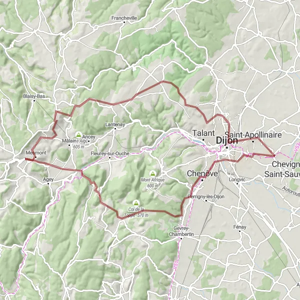 Map miniature of "Gravel Adventure Challenge" cycling inspiration in Bourgogne, France. Generated by Tarmacs.app cycling route planner