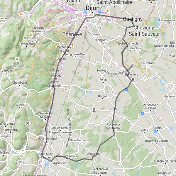 Map miniature of "Saulon-la-Chapelle, Boncourt-le-Bois, Chambolle-Musigny, Dijon, Tour Philippe Le Bon, Quetigny Cycling Route" cycling inspiration in Bourgogne, France. Generated by Tarmacs.app cycling route planner