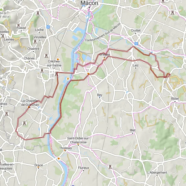Miniature de la carte de l'inspiration cycliste "Les Chemins de la Veyle" dans la Bourgogne, France. Générée par le planificateur d'itinéraire cycliste Tarmacs.app
