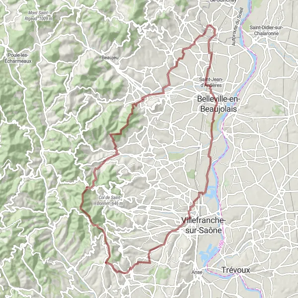Miniature de la carte de l'inspiration cycliste "Exploration des Collines de Beaujolais" dans la Bourgogne, France. Générée par le planificateur d'itinéraire cycliste Tarmacs.app