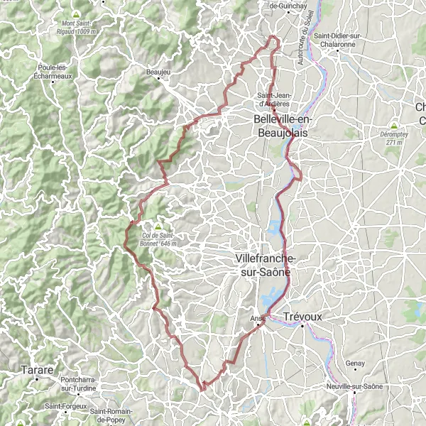 Miniature de la carte de l'inspiration cycliste "Les Collines Beaujolaises" dans la Bourgogne, France. Générée par le planificateur d'itinéraire cycliste Tarmacs.app