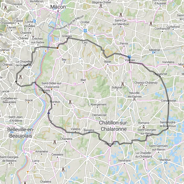 Miniature de la carte de l'inspiration cycliste "La Route des Dombes" dans la Bourgogne, France. Générée par le planificateur d'itinéraire cycliste Tarmacs.app