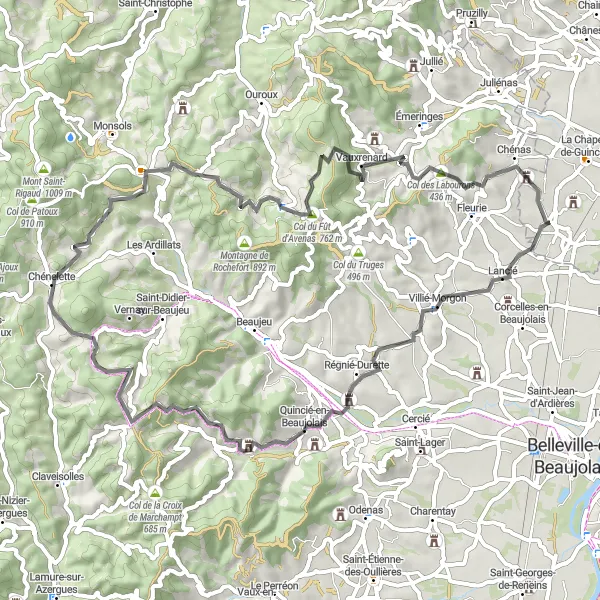 Miniature de la carte de l'inspiration cycliste "Exploration des Routes de Beaujolais" dans la Bourgogne, France. Générée par le planificateur d'itinéraire cycliste Tarmacs.app