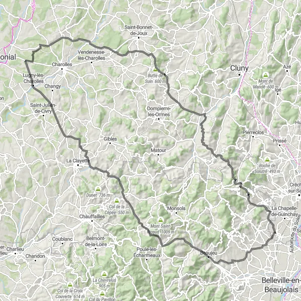 Miniature de la carte de l'inspiration cycliste "Belle Vue sur Beaujeu" dans la Bourgogne, France. Générée par le planificateur d'itinéraire cycliste Tarmacs.app