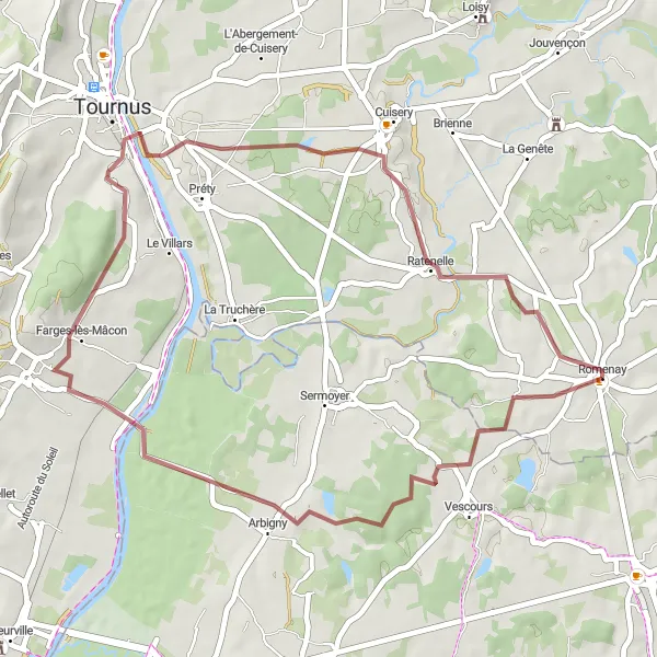 Miniature de la carte de l'inspiration cycliste "Chemin des collines" dans la Bourgogne, France. Générée par le planificateur d'itinéraire cycliste Tarmacs.app