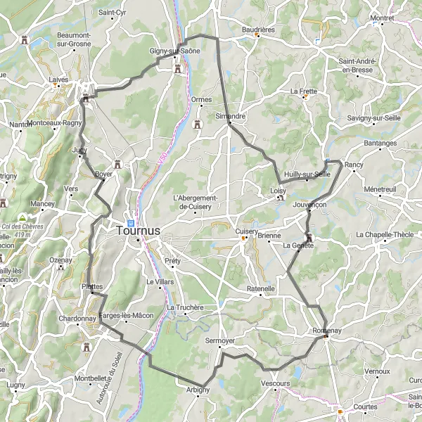 Miniature de la carte de l'inspiration cycliste "Boucle des vignobles" dans la Bourgogne, France. Générée par le planificateur d'itinéraire cycliste Tarmacs.app