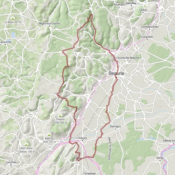 Map miniature of "The Vineyard Odyssey" cycling inspiration in Bourgogne, France. Generated by Tarmacs.app cycling route planner