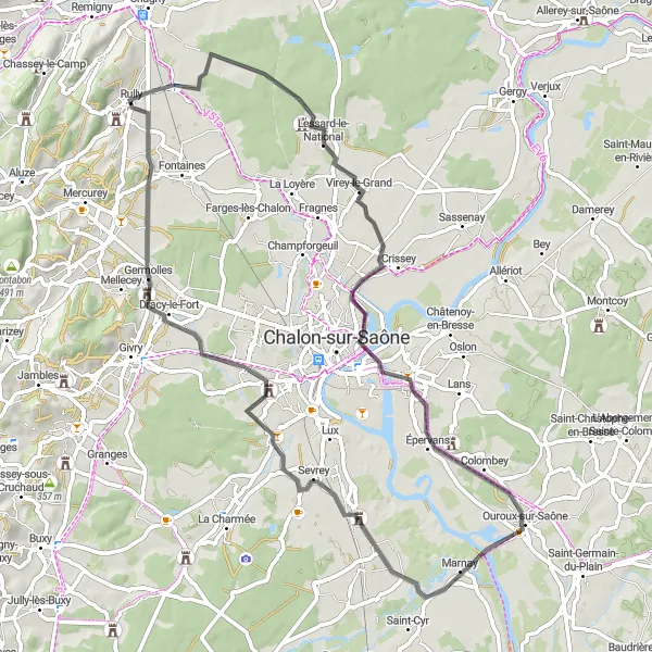 Map miniature of "Hidden Gems of Bourgogne" cycling inspiration in Bourgogne, France. Generated by Tarmacs.app cycling route planner