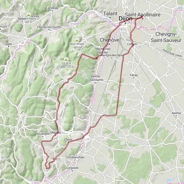 Map miniature of "Gravel Loop through Saint-Apollinaire" cycling inspiration in Bourgogne, France. Generated by Tarmacs.app cycling route planner