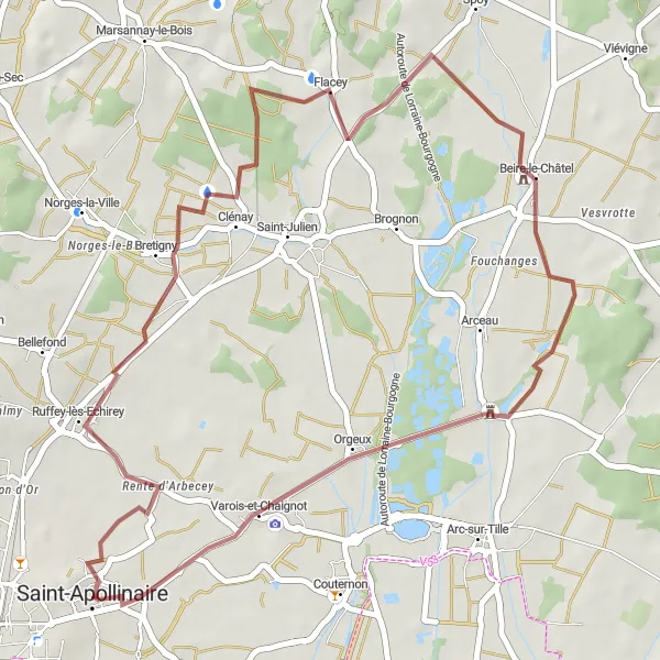 Map miniature of "Gravel Adventure in Saint-Apollinaire Region" cycling inspiration in Bourgogne, France. Generated by Tarmacs.app cycling route planner