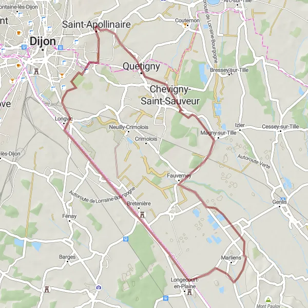 Miniature de la carte de l'inspiration cycliste "Exploration de la Campagne de Longvic" dans la Bourgogne, France. Générée par le planificateur d'itinéraire cycliste Tarmacs.app