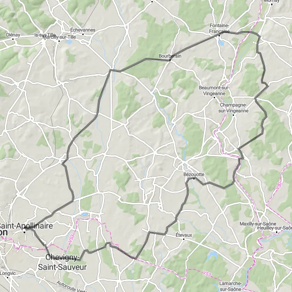 Miniature de la carte de l'inspiration cycliste "Le Tour de Varois-et-Chaignot" dans la Bourgogne, France. Générée par le planificateur d'itinéraire cycliste Tarmacs.app