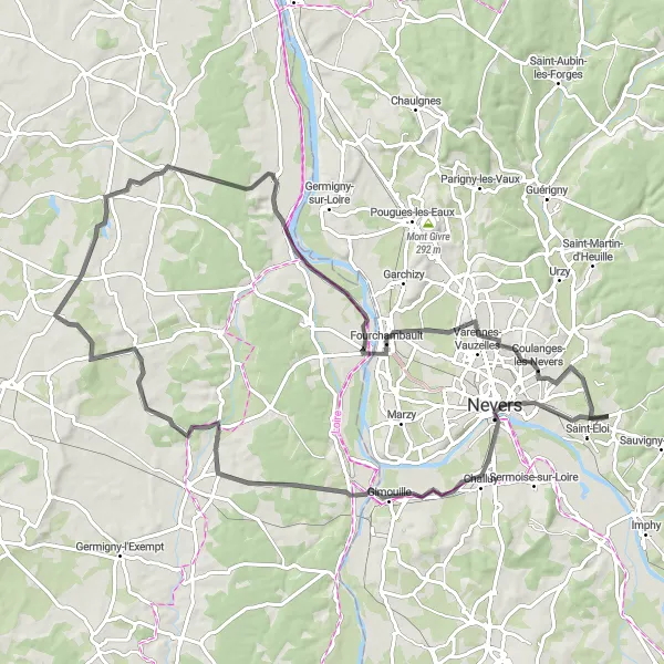 Miniature de la carte de l'inspiration cycliste "Les chemins de la campagne nivernaise" dans la Bourgogne, France. Générée par le planificateur d'itinéraire cycliste Tarmacs.app