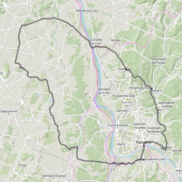 Miniature de la carte de l'inspiration cycliste "Le bord de Loire en Bourgogne" dans la Bourgogne, France. Générée par le planificateur d'itinéraire cycliste Tarmacs.app