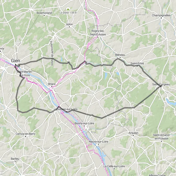 Map miniature of "The Loire Valley Loop" cycling inspiration in Bourgogne, France. Generated by Tarmacs.app cycling route planner