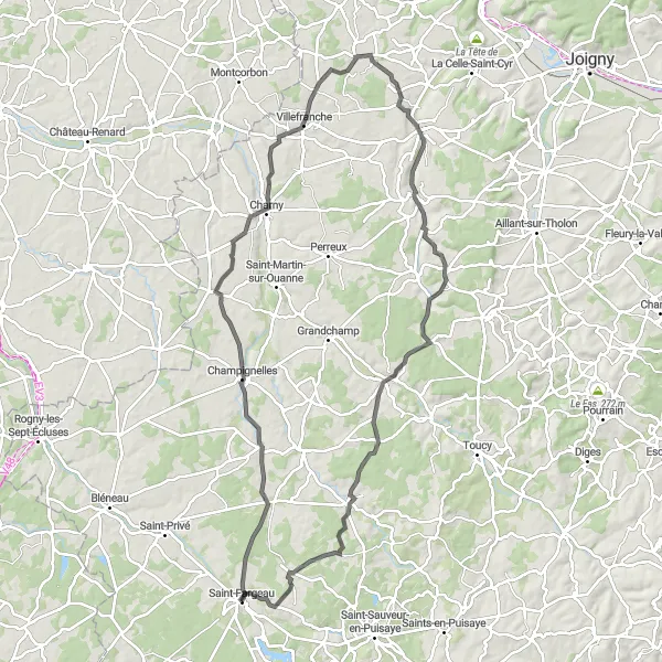 Map miniature of "The Countryside Excursion" cycling inspiration in Bourgogne, France. Generated by Tarmacs.app cycling route planner