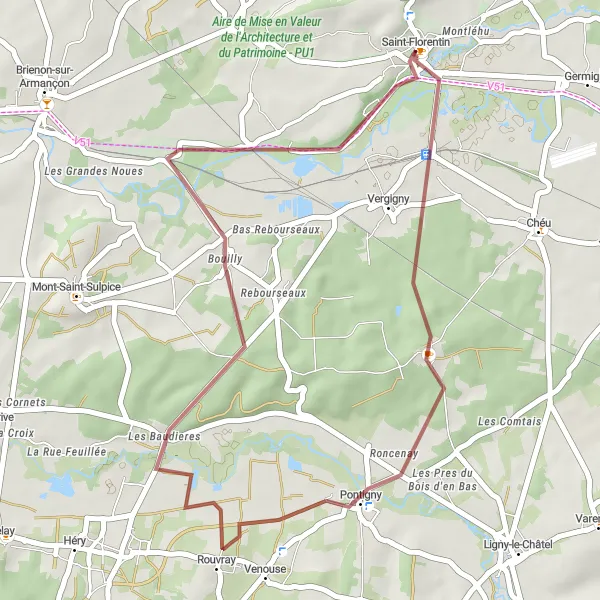 Miniature de la carte de l'inspiration cycliste "Parcours gravel de 34 km vers Bouilly" dans la Bourgogne, France. Générée par le planificateur d'itinéraire cycliste Tarmacs.app