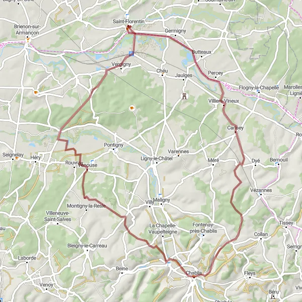 Miniature de la carte de l'inspiration cycliste "Bourgogne Vineyards Gravel Adventure" dans la Bourgogne, France. Générée par le planificateur d'itinéraire cycliste Tarmacs.app