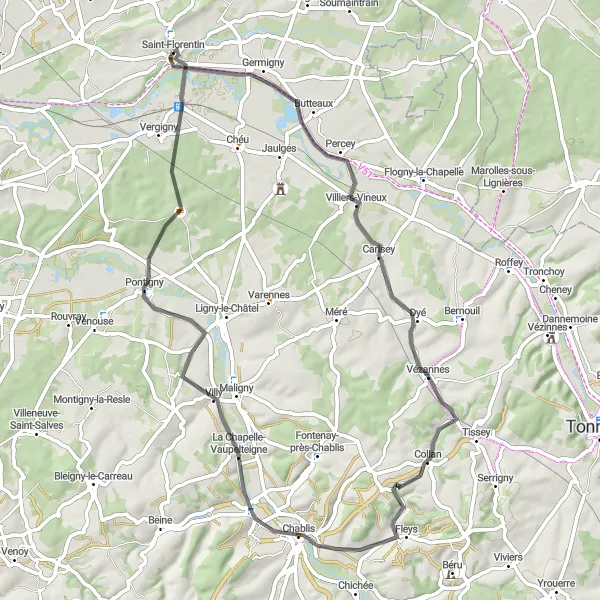 Miniature de la carte de l'inspiration cycliste "La Route des Vignobles et Abbayes" dans la Bourgogne, France. Générée par le planificateur d'itinéraire cycliste Tarmacs.app