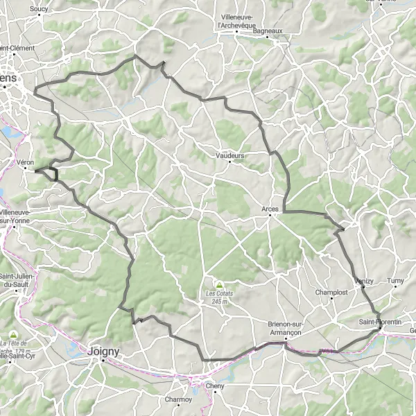 Miniature de la carte de l'inspiration cycliste "Circuit de 114 km vers Dixmont" dans la Bourgogne, France. Générée par le planificateur d'itinéraire cycliste Tarmacs.app
