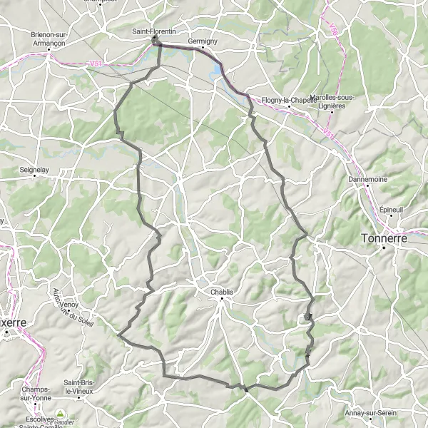 Miniature de la carte de l'inspiration cycliste "Parcours de 88 km vers Collan" dans la Bourgogne, France. Générée par le planificateur d'itinéraire cycliste Tarmacs.app